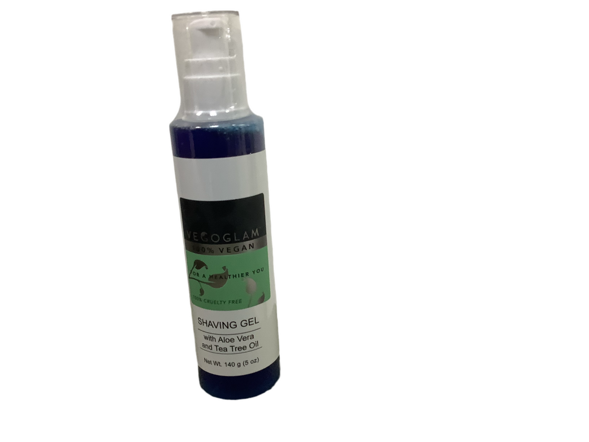 VEGOGLAM 100% Vegan Shaving Gel with Aloe Vera and Tea Tree Oil, 140g (5 oz), in a blue bottle on a white background.